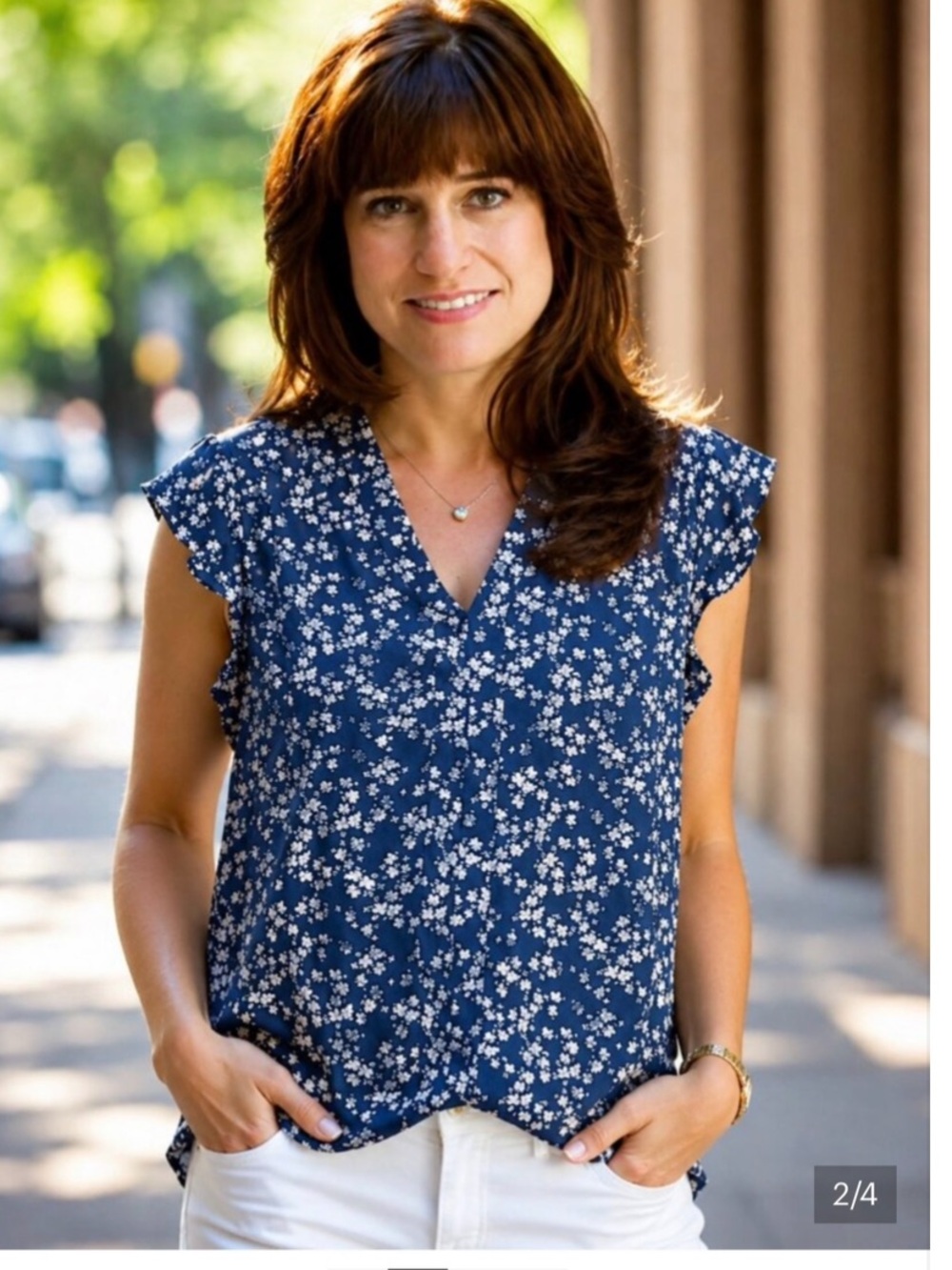 Fun/Fun Women’s Navy Blue Floral V-Neck Flutter Sleeve Top